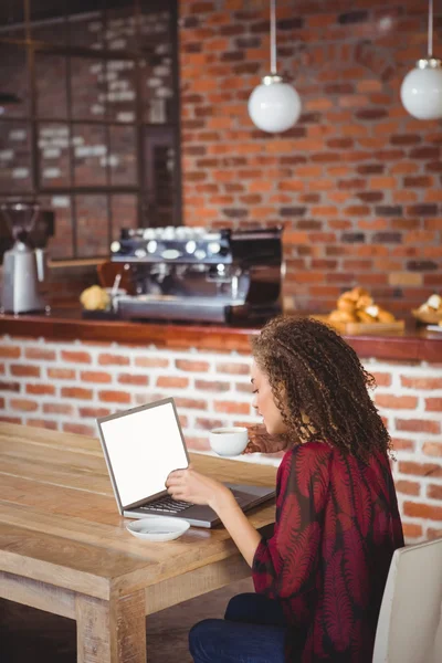 ผมสีบรูเนทดื่มกาแฟโดยใช้แล็ปท็อป — ภาพถ่ายสต็อก