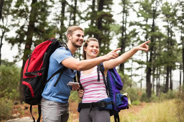 Giovani escursionisti felici indicando la distanza — Foto Stock