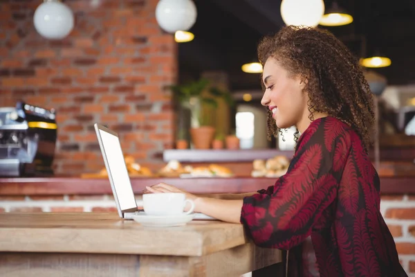 Ładna brunetka za pomocą laptopa — Zdjęcie stockowe