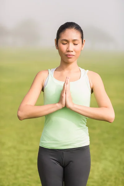 Yoga yaparken huzurlu sportif kadın — Stok fotoğraf