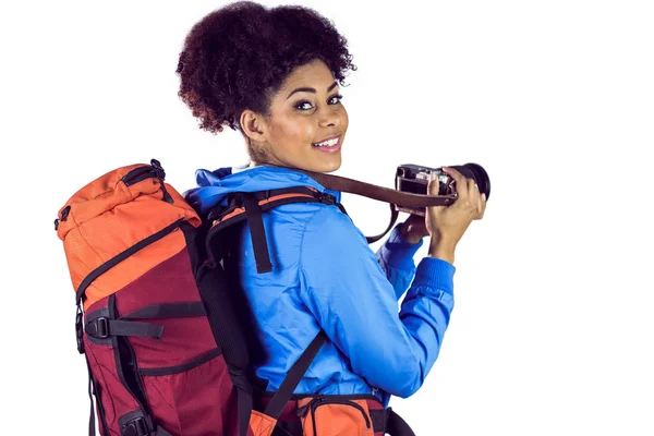 Kvinna med ryggsäcken ta bild — Stockfoto