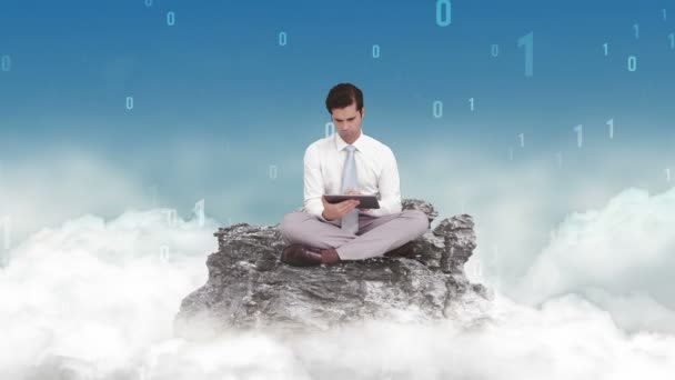 Businessman using tablet in the clouds — Stock Video