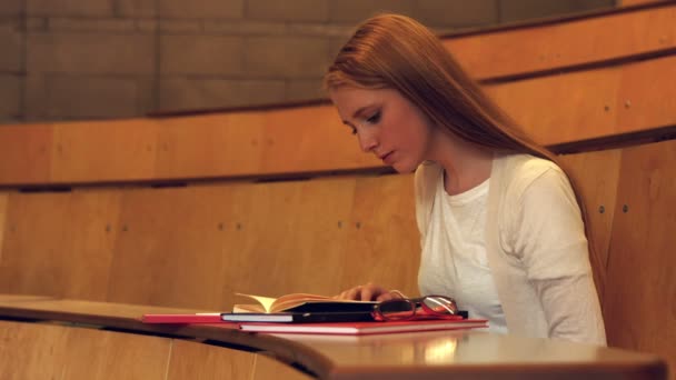 新生徒のクラスでの彼女のノートを読む — ストック動画