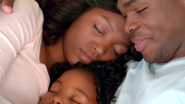 Família feliz dormindo na cama — Vídeo de Stock