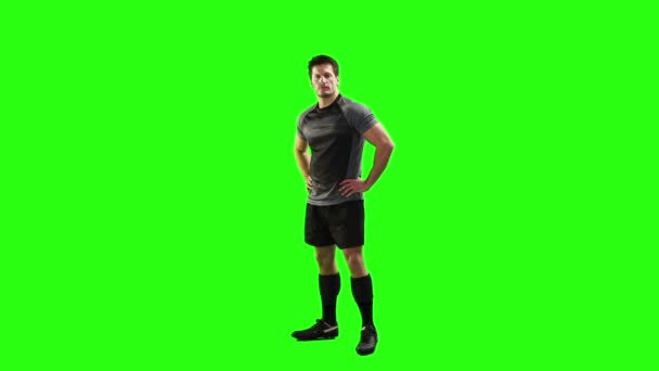 Serious rugby player gesturing in front of camera — Stock Video