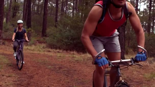 Pareja en bicicleta a través de un bosque — Vídeos de Stock