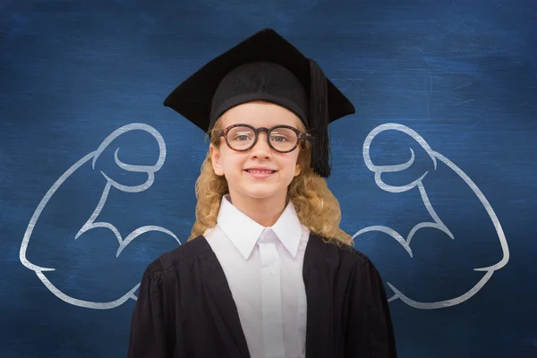 Imagem composta de aluno bonito em roupão de formatura — Fotografia de Stock