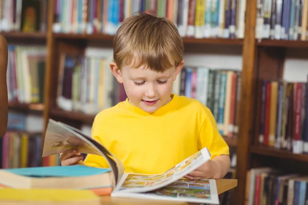 Cute pupil reading book in library — Stock Photo, Image