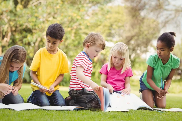 Klasgenoten in gras zitten en lezen van boeken — Stockfoto