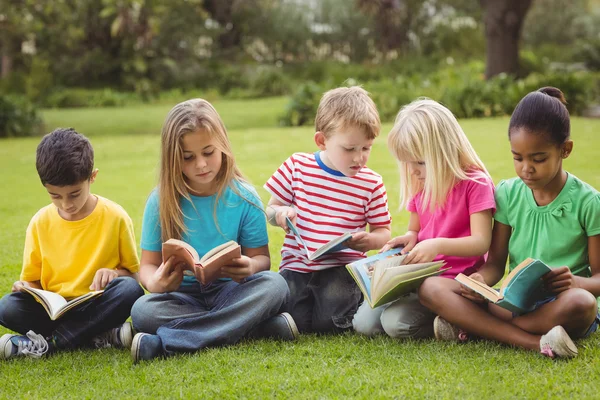 Mitschüler sitzen im Gras und lesen Bücher — Stockfoto