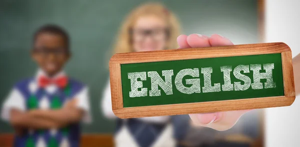 Wyraz angielski i ręka wyświetlone tablica — Zdjęcie stockowe