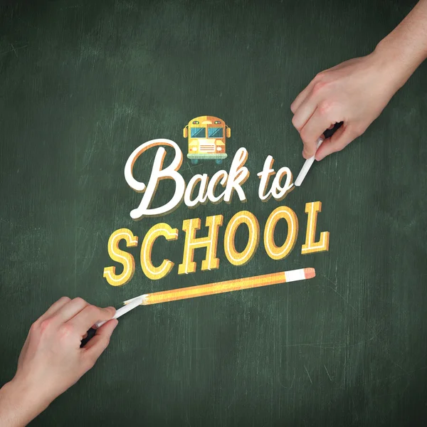 Composite image of hands writing with chalk — Stock Photo, Image