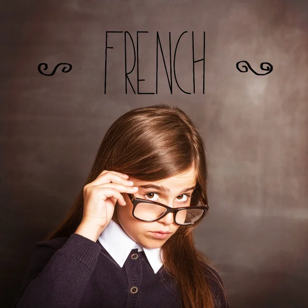 Francia mosolyogva fényképezőgép aranyos tanuló ellen — Stock Fotó