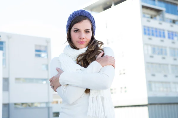 Brunette with warm clothes looking at camera — Stock Photo, Image