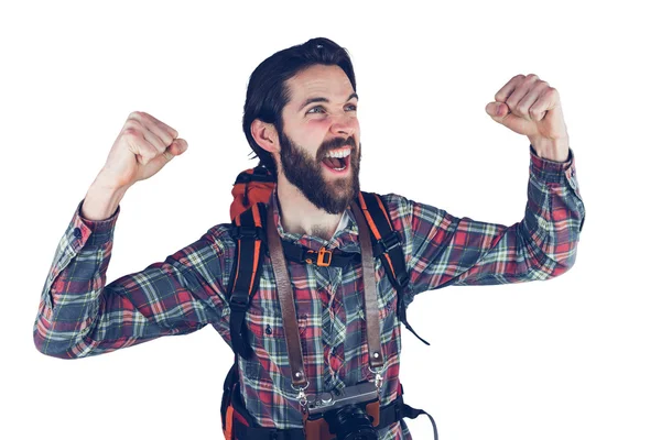 Excited hiker with arms raised — Stock Photo, Image