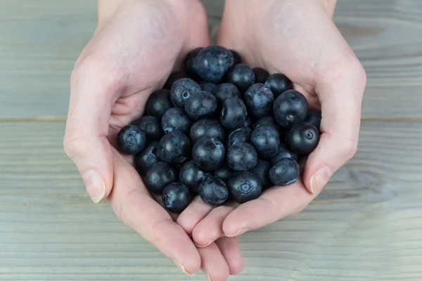Woman showing handful of blueberries — Stock Photo, Image