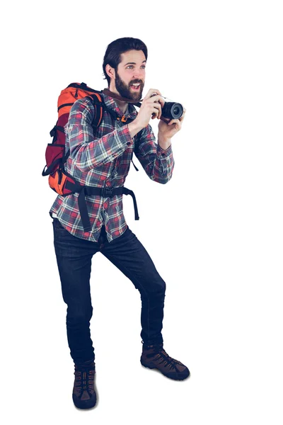 Aufgeregter Fotograf spricht Bild — Stockfoto