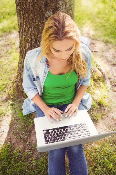 Hög vinkel syn på kvinnan med laptop — Stockfoto