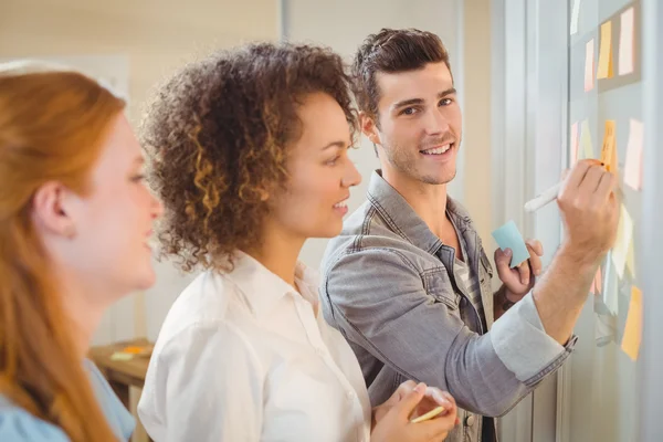 Businessman writing on glass as female colleagues looking at it — Stock Photo, Image