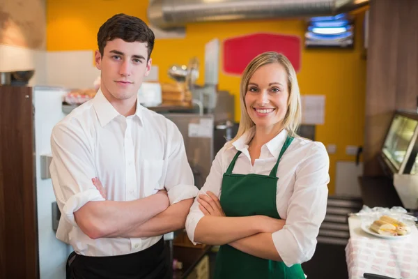 Happy confident coworkers in bakery — Stock Photo, Image