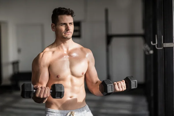 Uomo serio muscolare che fa sollevamento pesi — Foto Stock