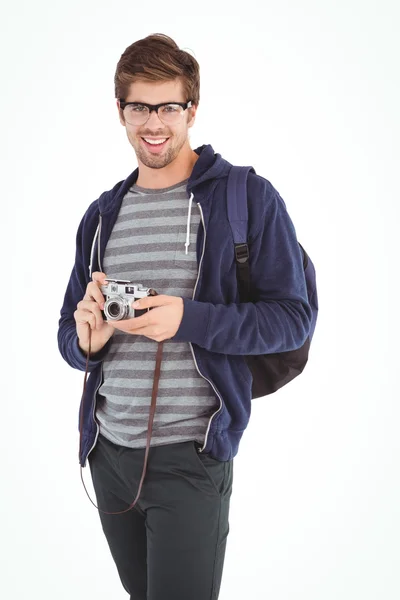 Portrait of happy man with camera — Stock Photo, Image