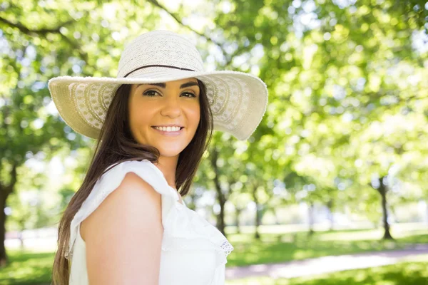 Portrait of happy woman in hat — Stock Photo, Image