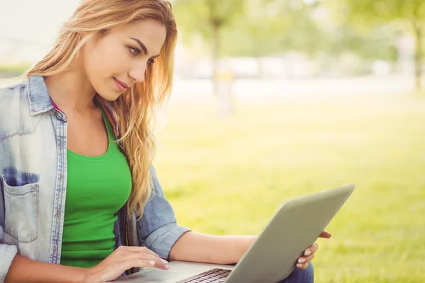 Donna sorridente utilizzando il computer portatile — Foto Stock