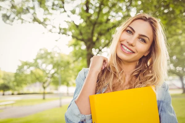 Portret van lachende vrouw bedrijf bestand — Stockfoto