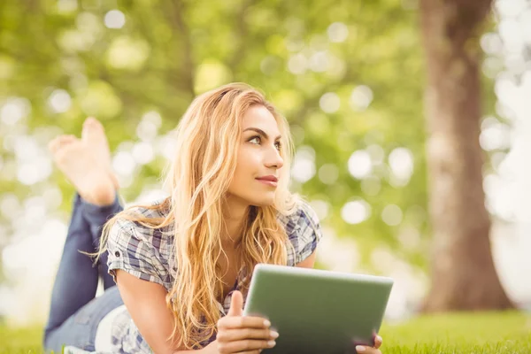 Mosolygó nő gazdaság digitális tabletta, a park — Stock Fotó