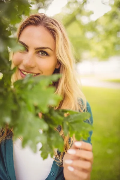 Porträt einer lächelnden Frau, die an einem Baum im Park steht — Stockfoto