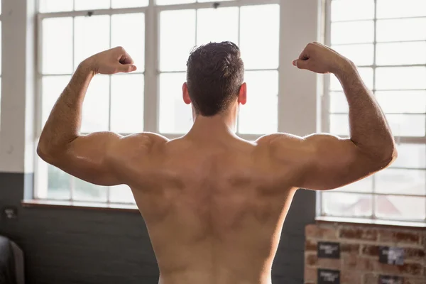 Rear view of muscular man flexing — Stock Photo, Image