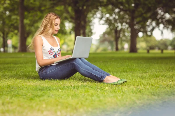 自信的女人，在公园使用笔记本电脑的全长 — 图库照片