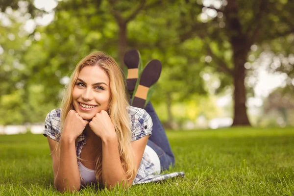 Portrait de femme heureuse avec les mains sur le menton au parc — Photo
