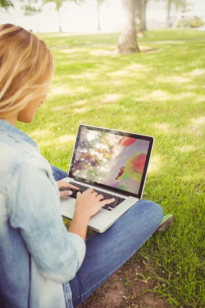 Mujer usando el portátil mientras está sentado en el parque — Foto de Stock