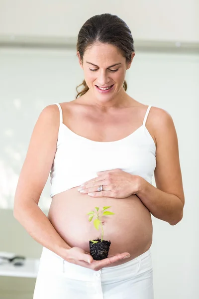 Gelukkige vrouw met nieuwe fabriek in palm — Stockfoto