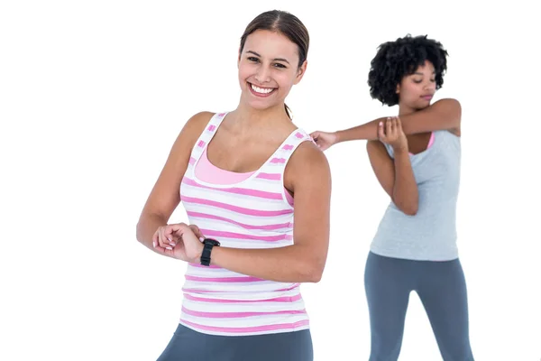 Cheerful woman wearing wristwatch — Stock Photo, Image