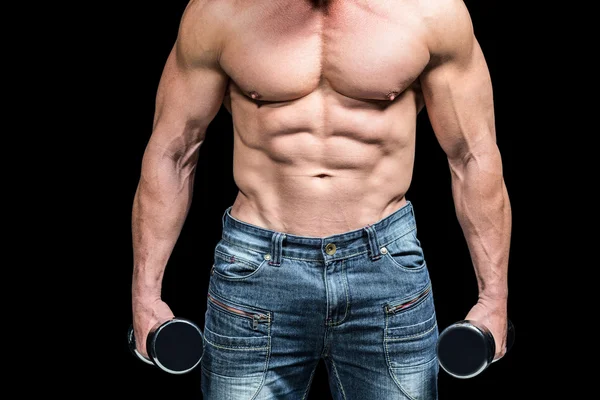 Midsection of bodybuilder with dumbbells — Stock Photo, Image