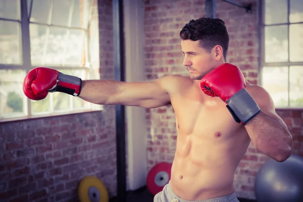 Hemdloser Mann trägt Boxhandschuhe und posiert — Stockfoto