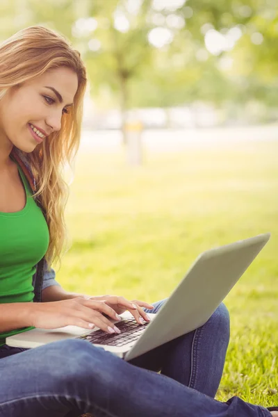 Lycklig kvinna som använder laptop — Stockfoto