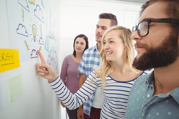 Woman wijzend op de muur met kleverige nota 's — Stockfoto