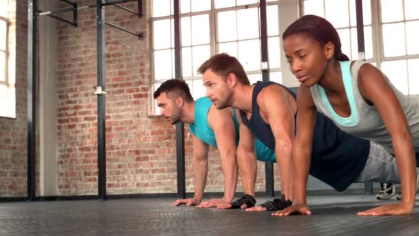 Passar människor gör push ups i gym — Stockvideo