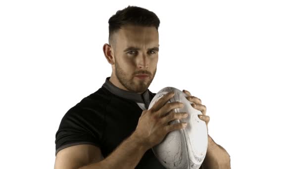 Serious rugby player with ball — Stock Video