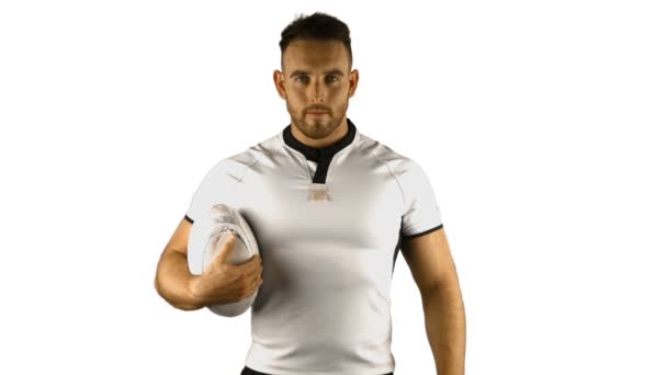 Ciddi rugby oyuncusu rugby topu tutuyor — Stok video