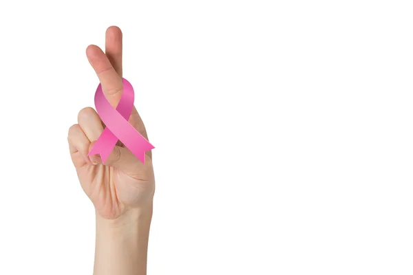 Dedos cruzados con cinta de cáncer de mama — Foto de Stock