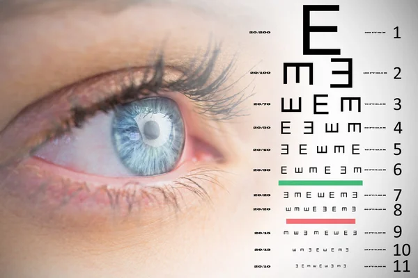 Жіноче блакитне око проти очного тесту — стокове фото