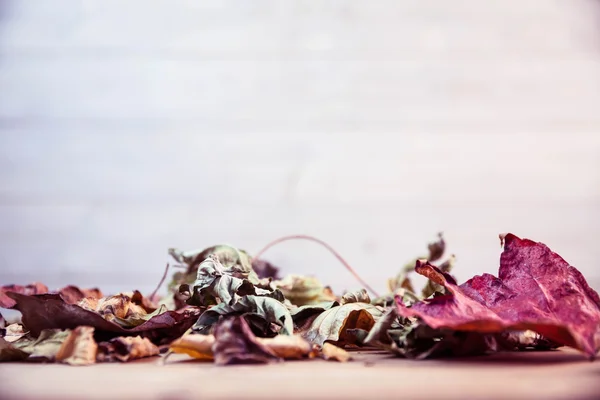 Autumn leaves on desk — Stock Photo, Image