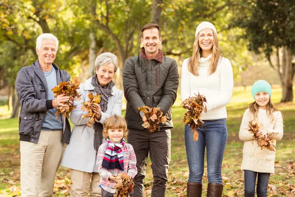 Расширенная семья готова разбрасываться листьями. — стоковое фото