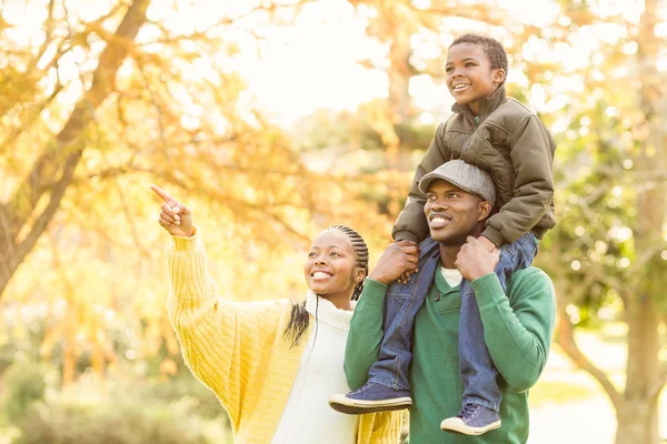 Giovane famiglia sorridente che indica qualcosa — Foto Stock