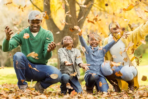 Jovem família sorrindo jogando folhas ao redor — Fotografia de Stock